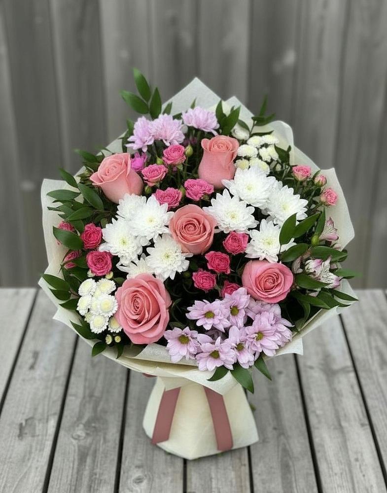 Букет цветов из: Альстромерии, Гвоздики, Розы и Хризантемы в Орбельяновке