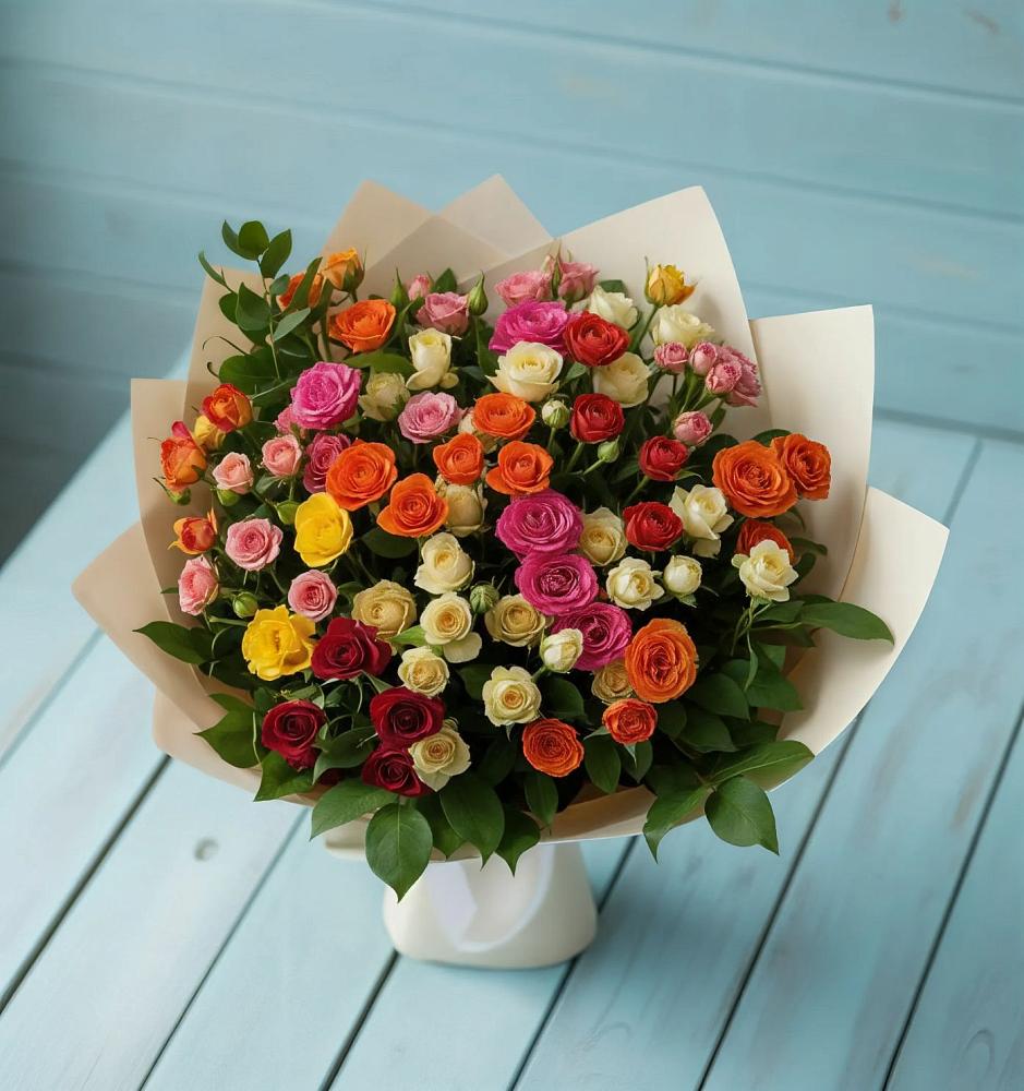Букет Микс из разноцветных кустовых роз в Орбельяновке