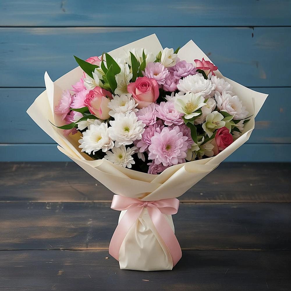 Букет цветов из: Хризантемы, Альстромерии и Розы в Орбельяновке